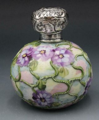 C1920 Japanese Nippon Moriage Porcelain Perfume Cologne Bottle W/ Sterling Cap