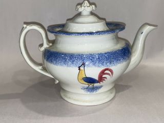 Staffordshire Spatterware Blue Rooster Teapot Spatter Ca.  1830 3