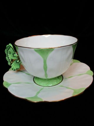 Aynsley Butterfly Handle Footed Cup & Saucer Green & White Tulip Shaped