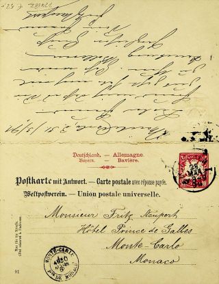 Germany Bayern 1891 10pf Postal Reply Card From Munich To Monte Carlo Monaco