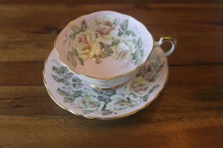Paragon Pink Large Cabbage White Rose Garland Teacup Tea Cup Saucer