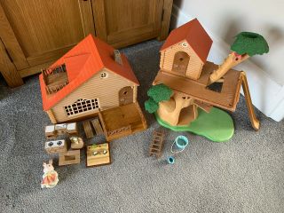Sylvanian Families Tree House And Log Cabin Houses With Some Furniture