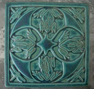 Pewabic Pottery Limited Edition Teal Green Frog & Dragonfly Tile 8 " Square