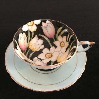 Paragon Blue Tulip Daffodil Black Teacup Cup Saucer Queen Appointment Warrant