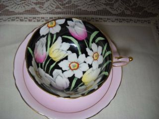 Paragon Pink Tulip Daffodil Black Teacup & Saucer 1930 