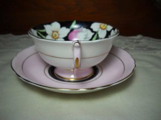 Paragon Pink Tulip Daffodil Black Teacup & Saucer 1930 ' s Queen Appointment Excel 3