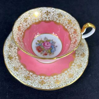 Vintage Aynsley J.  A.  Bailey Rose Bouquet Heavy Gold Filigree Cup Saucer C991