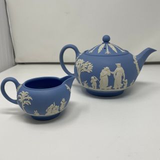Antique Wedgewood Blue Jasper Tea Set: Tea Pot & Creamer