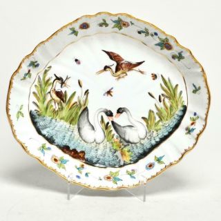 Old Capodimonte Porcelain Oval Platter Raised Swans & Heron,  Hand Painted,  10 "