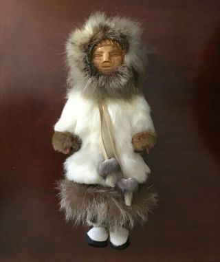 Vintage Alaskan Native American Eskimo Doll Real Fur Leather Wood Face 12 "