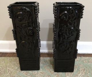 Vases,  Pair Vintage Royal Haeger Black Pottery 15.  5” Tall Black Square Asian