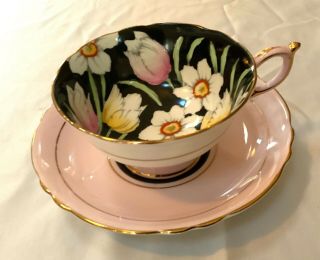 Pink Tulip Daffodil Black Footed Teacup & Saucer A 657/4 Double Warrant