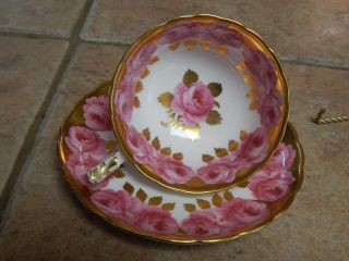 Royal Chelsea England Pink Cabbage Roses And Heavy Gold Cup And Saucer