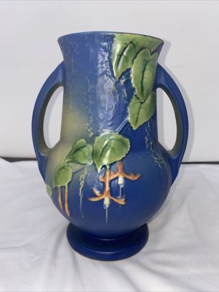Roseville Blue Fuchsia Handled Vase 898 - 8 Pottery Usa