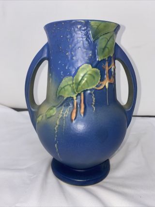 Roseville Blue Fuchsia Handled Vase 898 - 8 Pottery USA 3