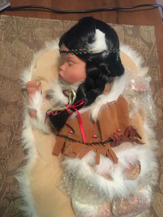 Native American Sleeping Baby Doll Porcelain,  Pillow Accessory