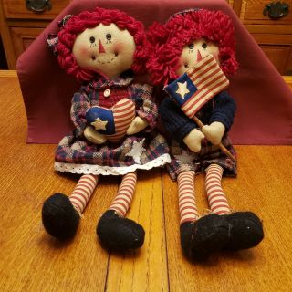 Vintage 4th July Red/white/blue Raggedy Ann And Raggedy Andy Dolls Set 15” Tall