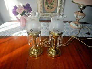 Set Of Two Antique Hurricane Lamps With Prisms - Frosted Etched Glass Shades