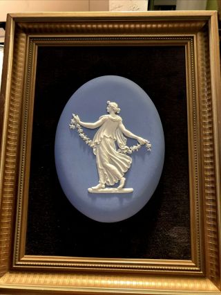 Vtg Wedgwood 8x10 " Gold Frame Plaque Blue Lg 4x5.  25 " Oval Medallion Floral Girl