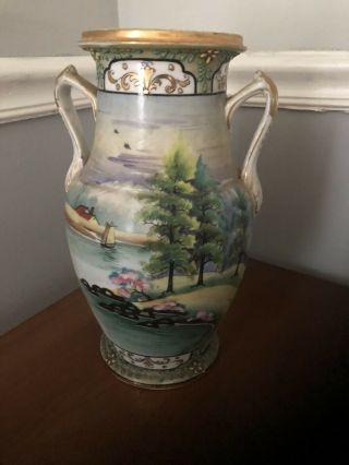 Antique Ie&c Co Nippon Hand Painted Gold Moriage Porcelain Vase Japan