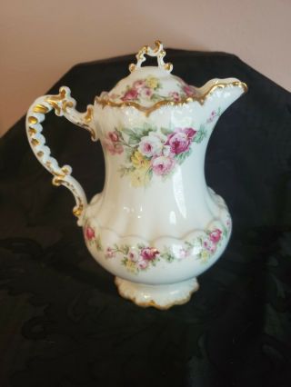 Antique Limoges Elite Porcelain Chocolate Pot,  Pink Roses & Yellow Flowers 9 "