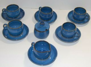 Denby Rams Head Stoneware Imperial Blue 14 Piece Set Cup Saucer Creamer Sugar