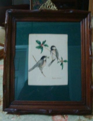 Vintage American Folk Art,  Theorem Painting,  Chickadees,  In Antique Frame