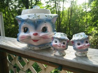 Vtg Miss Priss Blue Kitty Cat Ceramic Cookie Jar & Salt Pepper Shakers Lefton