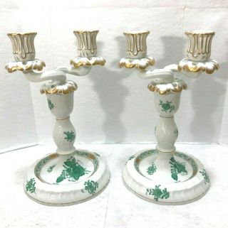 (2) Herend China Chinese Bouquet Green 2 Light Candle Stick Holder 