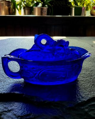 Vintage Summit Cobalt Blue Pressed Glass Covered Dish With Handle And Fish Lid