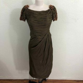 Vintage Victoria Royal Ltd.  Dress Sz 6 Brown Beaded Ruched Midi