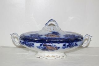 Antique Waldorf Flow Blue Covered Vegetable Serving Bowl - Gold - Wharf Pottery