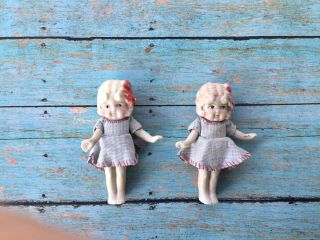 2 Antique Bisque 4” Tall Little Girl Dolls W Moveable Arms Made In Japan