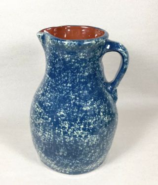 Vintage 1984 Signed Ned Foltz Redware Pottery Pitcher Blue/off White 9.  25 "