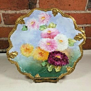 Imperial Limoges Charger Hand Painted Gilt Edged Signed Flowers Mums 10.  5 "
