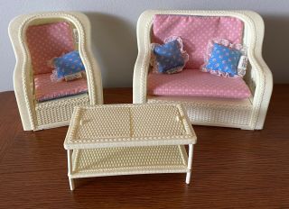 Vintage Barbie Dollhouse Furniture White Faux Wicker Chairs Table Cushions 1980s