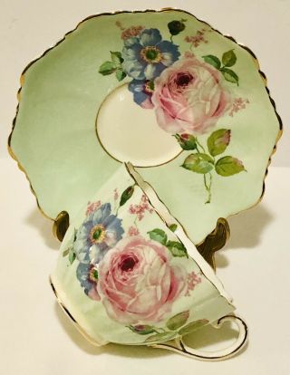 Vintage Paragon England Pink Cabbage Rose Green Textured Tea Cup & Saucer