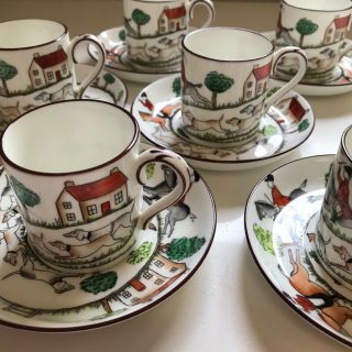 Crown Staffordshire Hunting Scene 6 Demitasse Cups & Saucers
