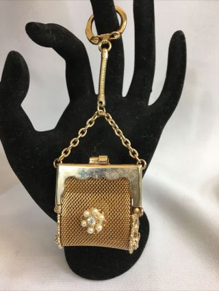 Vintage Metal Mesh Mini Change Coin Purse Keychain Gold Tone With Flower.