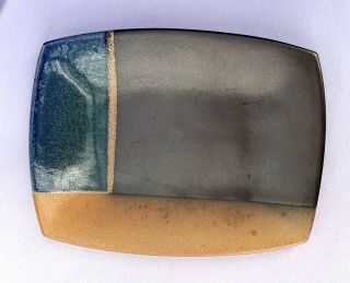 David Crane Studio Art Pottery Three Glazes Dish: Blue,  Tan And Raku Eggplant A