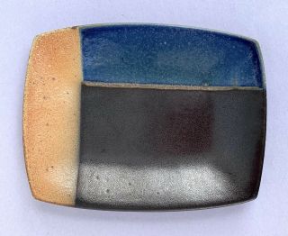 David Crane Studio Art Pottery Three Glazes Dish: Blue,  Tan And Raku Eggplant B