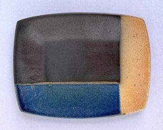 DAVID CRANE Studio Art Pottery Three Glazes Dish: Blue,  Tan and Raku Eggplant b 3