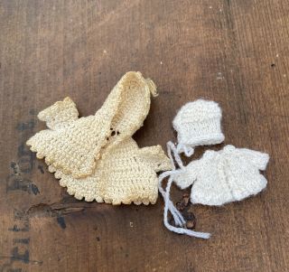 Cute And Tiny Crocheted Doll Clothes Bonnet And Two Jackets For All Bisque