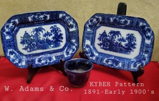 3 Pc.  Antique W.  Adams & Co.  Ironstone Flow Blue Kyber Platters & Waste Bowl