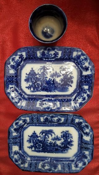 3 pc.  Antique W.  Adams & Co.  Ironstone Flow Blue KYBER Platters & Waste Bowl 2