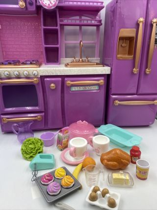 Our Generation Kitchen Set And Fridge For American Girl Pink Purple Food Dishes