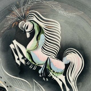 Vintage MCM Sascha Brastoff California Art Pottery Plate Horse Gray Black 11.  5 