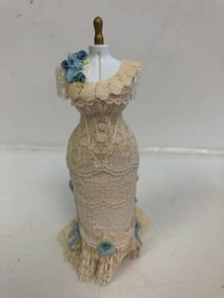 Karen Benson Victorian Ball Gown Dress W/blue Trim Handcrafted Miniatures 1:12