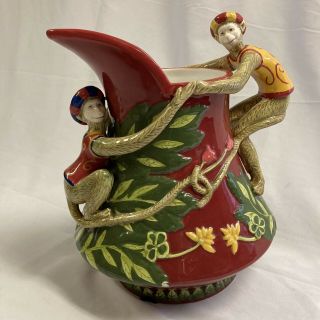 Vintage Abigails Ceramic Water Pitcher Flower Motif W.  Monkey Handle Htf