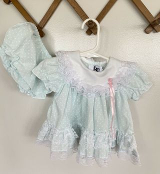 Vintage Jo Lene Baby Turquoise Dress Ruffle Lace Pageant Bloomers 0 - 6 Mo Doll